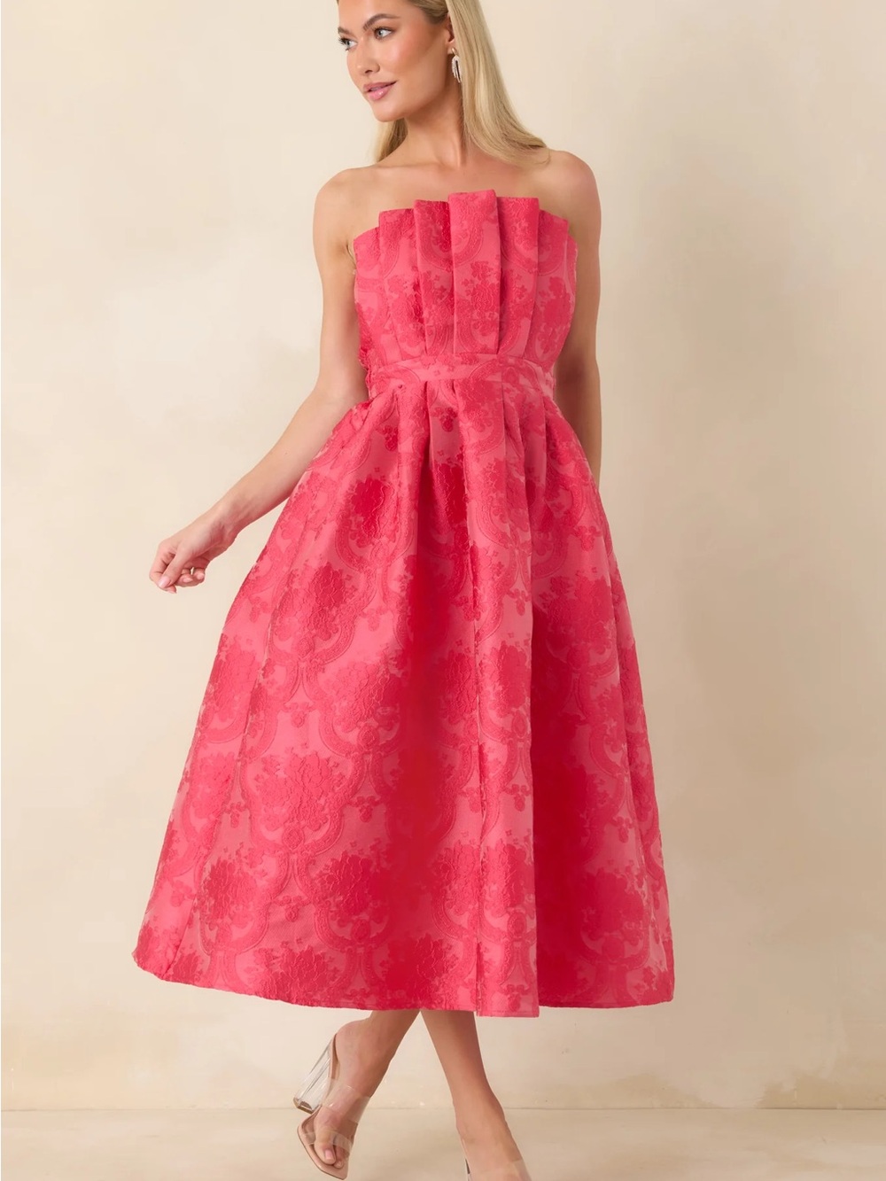 THE GENEVIEVE HOT PINK JACQUARD STRAPLESS MIDI DRESS from Red Dress - Picture 5 of 7
